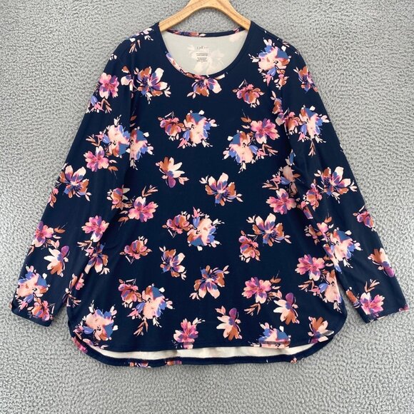 J Jill Top Womens Large Navy Pink Floral Fit Performance Long Sleeve Tee Stretch - Picture 1 of 10